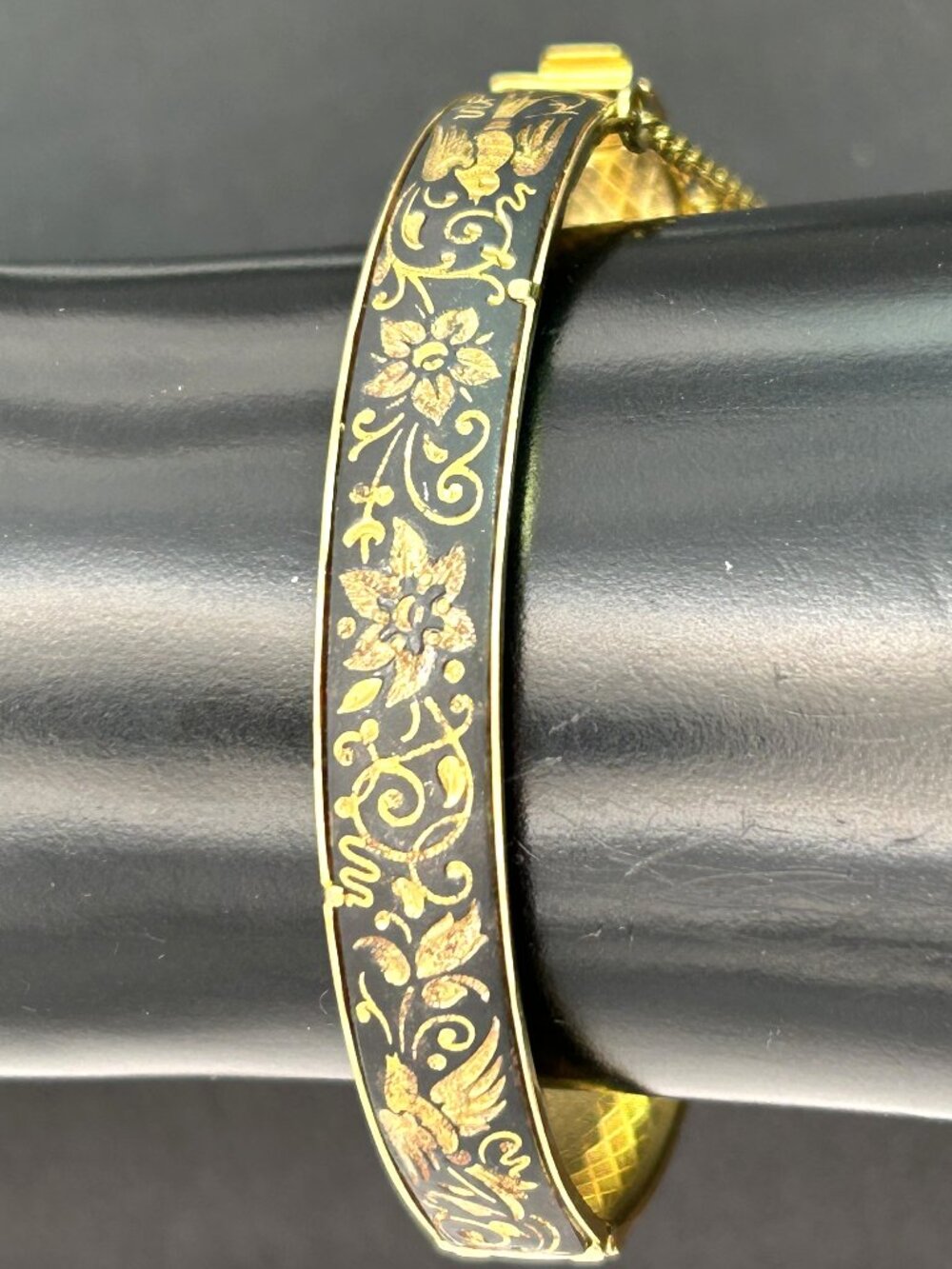 Vintage Damascene Hinged Bangle Bracelet Black Gold Bird Floral Safety Chain 7”